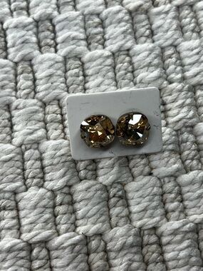 Champagne Cushion Cut Crystal Stud Earrings Oversized Gold Tone Statement Studs